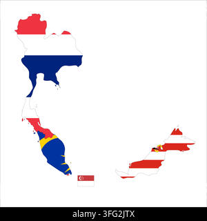 Flaggenkartenumriss von Thailand, Malaysia, Singapur und Brunei. Flaggen der Länder füllen die Formen mit ihren Farben. Symbol für regionale Zusammenarbeit, Identität und Partnerschaft Stock Vektor