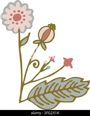 Handgezeichnete Chintz-Stil-Illustration eines zarten Sträußchens mit einer blassrosa Gänseblümchenblüte, Blumenknospen, sich windenden Ranken und einem salbeigrünen Blatt an einem schlanken Stiel Stock Vektor
