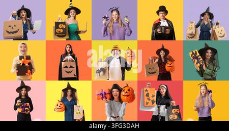 Halloween-Einkaufen und Feiertagsverkäufe, verschiedene Menschen in Kostümen, die Kürbisse und Geschenktüten mit festlicher Dekoration auf farbenfrohem Hintergrund halten, Collage Stockfoto