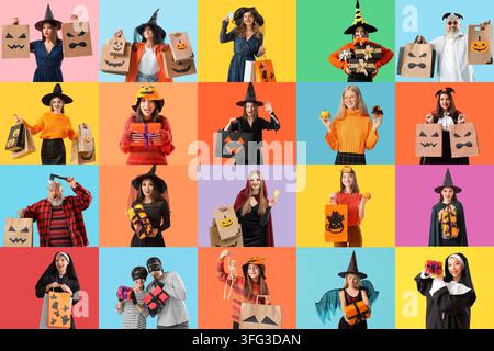 Halloween-Einkäufe und saisonale Verkäufe, vielfältige Menschen in Kostümen, die Geschenktüten und Geschenke vor farbenfrohen Hintergründen für Feiertagsmarketing halten Stockfoto