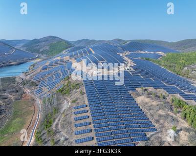 Reihen von Solarpanelen bedecken sanfte Hügel in der Nähe eines Reservoirs und zeigen eine großflächige erneuerbare Energieinfrastruktur in einer bergigen Landschaft. Stockfoto