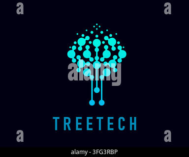 Baum-Smart-Tech-Symbol, moderne Technologiepflanze. Futuristisches Emblem der Innovation, künstlichen Intelligenz, Vernetzung und Datenkonnektivität für Tech-Sta Stock Vektor