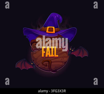 Halloween-Spiel-Fehlersymbol für Cartoon-Arcade-Spiel, Level-Verlust eines gruseligen Cartooncharakters und eines magischen Gegenstands. Halloween-Spiel-Level-Verlust-Pop-up-Banner mit Witz Stock Vektor