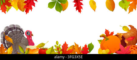 Fröhlicher Thanksgiving-Rahmen mit Füllhorn und Truthahn, Honig, Kürbissen und Feiertagskuchen, Herbstblätter, Eicheln. Vektor-Herbsthintergrund mit Blättern Stock Vektor