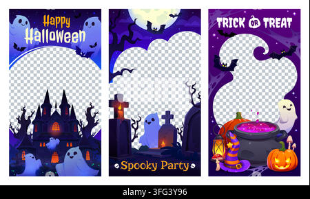 Halloween-Social-Media-Post-Vorlagen mit Süß-oder-Leckerei-Kessel, Geistern, Fledermäusen, Spukhäusern und Grabsteinen. Cartoon-Halloween-Web-Post fr Stock Vektor