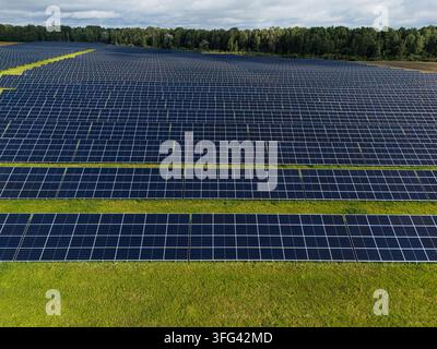 Luftaufnahme einer großen Solarfarm mit Reihen von Photovoltaik-Paneelen über ein grünes Feld, das von Wald gesäumt ist, Konzept für erneuerbare Energien und Solarenergieanlage Stockfoto