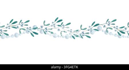 Nahtlose Aquarell-Bordüre mit Mistelbeeren, grünen blättrigen Zweigen und Perlen. Handgezeichnete isolierte botanische Girlande Stockfoto