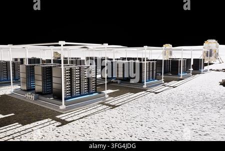 3D-Rendering eines Rechenzentrums auf dem Mars mit Server-Racks für interplanetare Datenverarbeitung Stockfoto