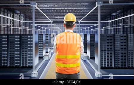 Programmierer oder Ingenieur mit Computer-Notebook arbeitet in einem Rechenzentrum oder Serverraum Stockfoto