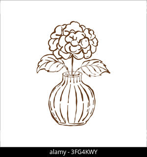 Umrissillustration einer Hortensienblüte in einer Keramikvase. Vektor-lineare Monochrom-Clipart. Brauner Skizze, Symbol. Stock Vektor