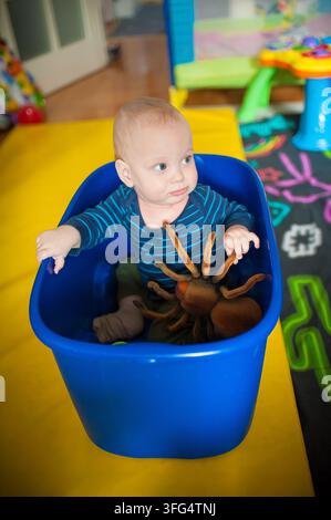 Kleines Kleinkind mit weit aufgerissenen Augen erkundet ein weiches Plüsch-Spinnentier, während es in einer farbenfrohen Aufbewahrungsbox sitzt, umgeben von Spielmatten und verschiedenen Kinderspielzeugen Stockfoto