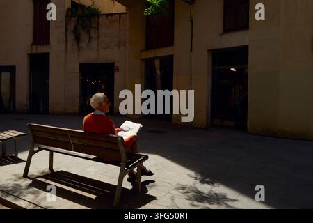 Älterer Mann in einem orangefarbenen Pullover liest auf einer sonnigen Bank Stockfoto