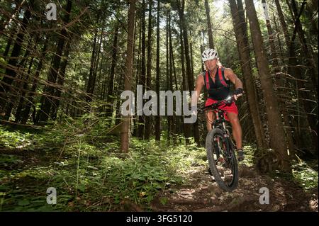 Reifer Mann Mountainbiken auf einem Pfad durch den Wald Stockfoto