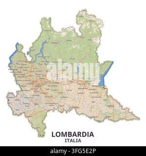 Detaillierte geografische Karte der Lombardei (Lombardia), Italien, mit Mailand, Bergamo, Brescia, Monza, Comer See, Gardasee und regionalen Autobahnnetzen Stock Vektor