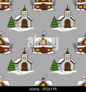 Weihnachtsnahtloses Muster-Vektor mit schneebedeckten Dorfhäusern und Kirchenillustration Stock Vektor