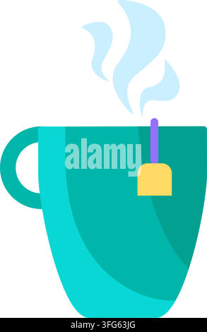 Flaches Symbol für einen Teebeutel in einer blaugrünen Tasse mit heißem Dampf. Helle blaugrüne Keramiktasse, gelber Teebeutel mit Anhänger, lila Band, aufsteigende hellblaue Dampfschwaden, heißes Getränk Stock Vektor