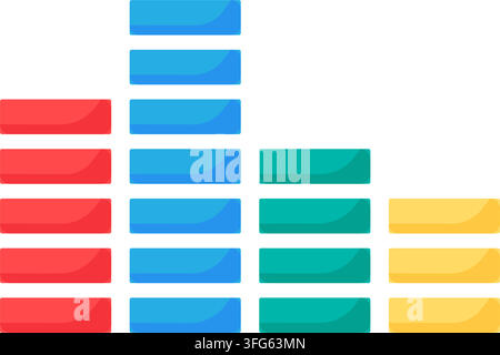 Flaches Symbol für ein Audio-Equalizer-Soundwellenspektrum-Grafik-Interface. Mit vier vertikalen Levelbalken, gestapelte abgerundete Blöcke in den Farben Rot, Blau, Grün, Gelb Stock Vektor