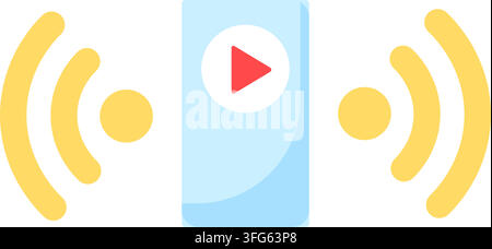 Mobiler Videoplayer-Mediastrom-Broadcast-Flachvektorsymbol. Hellblauer Smartphone-Bildschirm roter Wiedergabetriangelknopf gelbe drahtlose Signalwellen live s Stock Vektor