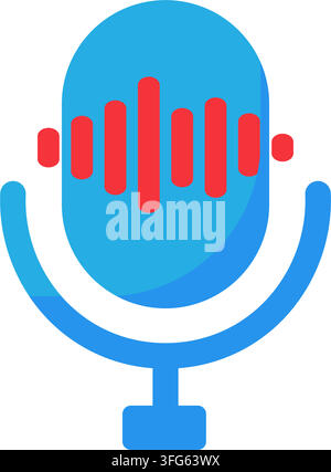 Mikrofon-Audioaufnahme-Soundwelle-Podcast-Flachvektorsymbol. Blaues Studiomikrofon rote Soundwelle Voice-Recording-Broadcasting-Spracherkennung Stock Vektor