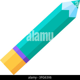 Bleistift Schreibwerkzeug Design bearbeiten stationär flaches Vektor-Symbol/ Grüner Holzbleistift scharfe Spitze gelber Radiergummi lila Kragen Schreibwaren Zeichnen Werkzeug Grafik Stock Vektor
