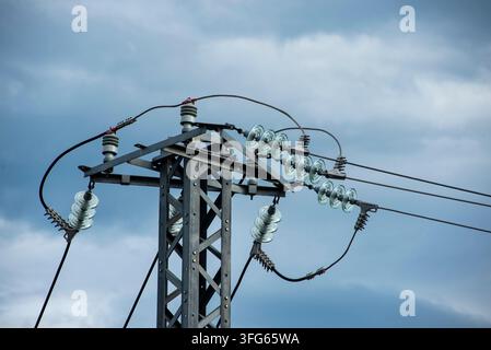 Nahaufnahme von Glasisolatoren und Hochspannungsleitungen an einem Strommast. Stockfoto