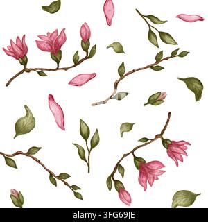 Zarter Aquarell-Botanical-Streifenmuster mit rosa Blüten, Blättern und sich windenden Ästen auf hellem Hintergrund, perfekt für Textilien, Tapeten. Stockfoto