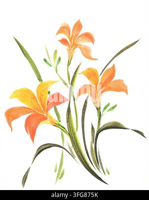 Tanzende Taglilien – originelles Aquarellgemälde von anmutigen orangefarbenen Taglilienblüten und fließenden grünen Blättern in einem ausdrucksstarken botanischen Stil. Stockfoto