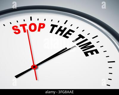 Ein einfaches Uhrenzifferblatt mit der Inschrift: Stop the time, time to stop, Bayern, Bundesrepublik Deutschland Stockfoto
