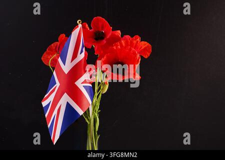 Vereinigtes-Königreich-Flagge mit roten Mohnblumen zum Gedenktag Stockfoto