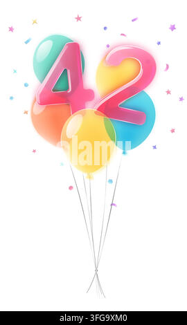 Lebendige Geburtstagsfeier mit der Zahl 42 in Rosa, umgeben von farbenfrohen, durchsichtigen Glassmorphismus-Luftballons und verstreutem Konfetti. Stock Vektor