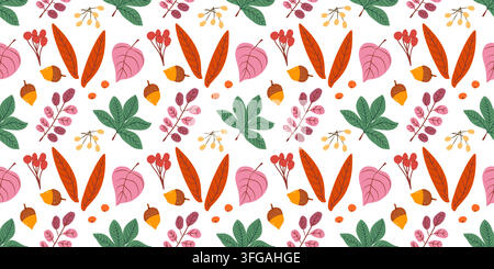 Verfeinertes nahtloses Herbstdesign mit zarten handgezeichneten Blättern in raffinierten Smaragd-, warmen Ocker-Orange-, kühlen Rosa- und Weinrot-Tönen, präsentiert Stock Vektor
