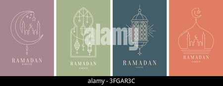 Ramadan Kareem Vektorkarten-Set mit vier eleganten Pastell-Panelen mit dünnen Linienillustrationen von Moscheen, hängenden Laternen und Halbmonden. Stock Vektor