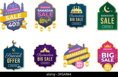 Ramadan-Sale-Badge-Vektor-Set mit acht farbenfrohen Werbeetiketten mit Rabattangeboten, Moschee-Silhouetten, Laternen und festlicher Typografie. Stock Vektor