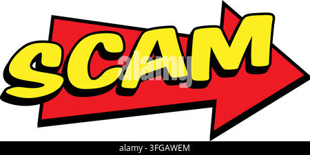 Comic-Buch-Retro-SCAM-Worttext-Banner rot gelb Halftone-Drama Betrug Warnung Alarm Pop-Art-Aufkleber Aufkleber. Für Miniaturansichten, Gaming-Videostreams Stock Vektor