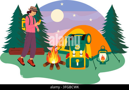Camping-Vektor-Illustration mit Freunden, die sich um ein Lagerfeuer versammeln, Gitarre spielen, in Zelten entspannen und bei Nacht das Outdoor-Abenteuer genießen Stock Vektor