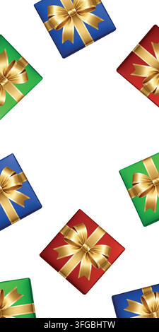 Geschenkbox-Rahmen mit bunten Geschenken und goldenen Schleifen isoliert auf weißem Hintergrund. Festlicher Feiertagstemplate-Entwurf Stock Vektor