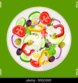 Hintergrund mit Gemüse auf dem Teller. Frische Produkte für griechischen Salat. Mediterraner Speiseplan. Stock Vektor