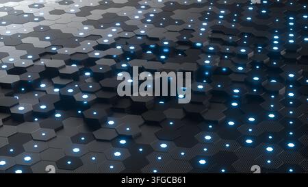 Futuristisches Hexagonraster mit leuchtenden blauen Lichtern und digitaler Netzwerktechnologie-Oberflächendesign Stockfoto