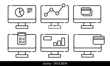 Vektor-Icons-Set für Business-Analytik und Finanz-Computer-Monitore. Schwarzer Linienstil auf weißem Hintergrund. Stock Vektor