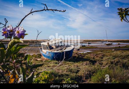 Ein verlassenes und zerstörtes blaues Holzfischerboot, das in den Sümpfen des Naturparks Ria Formosa gestrandet ist, eingerahmt von wilden violetten Blumen im Vordergrund Stockfoto