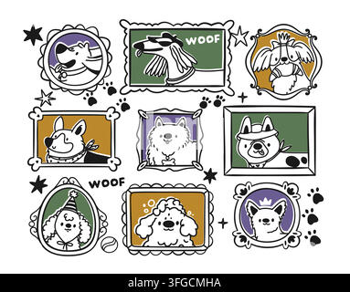 Hundeporträt im Rahmen. Lustiges Hundefoto. Niedliches Hundemalerei als Doodle an der Wand, Haustier-Home-Galerie. Lustige Inneneinrichtung mit Familienmitgliedern als Tiere. Vektorfigur Stock Vektor