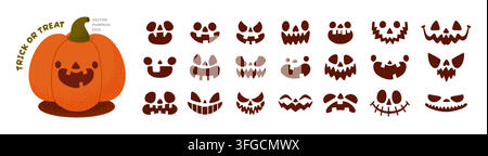 Halloween-Kürbisgesicht. Schwarze Silhouette gruseliges Gesicht. Feiertags-Jack-o-Laterne. Funky-Monster-Schnitz-Emotionen. Gruselige Partydekoration. Vektor Stock Vektor