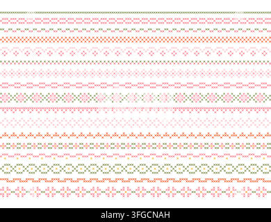 Kreuzstich-Borte. Stickerelemente. Vintage-trendiger spitzenbestickter nahtloser Muster. Handgefertigte Textur verzierter Rahmen. Folk-Cottagecore-Dekoration Stock Vektor