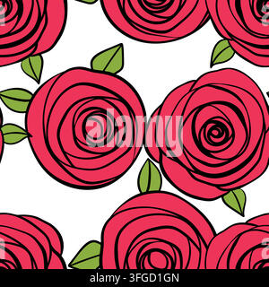 Nahtloses Blumenmuster mit rosa Rosen. Cartoon-Stil. Design für Stoff, Textil, Papier. Bunte Blumen auf farbigem Hintergrund. Vektorgrafik Stock Vektor