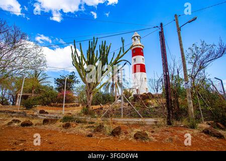 Der Albion-Leuchtturm (auch bekannt als Pointe aux Caves-Leuchtturm) ist ein historisches, rot-weiß gestreiftes Wahrzeichen Stockfoto