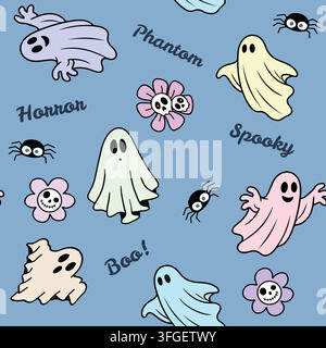 Nahtloses Vektor-Halloween-Muster mit niedlichen Geistern, Totenkopfblumen und Spinnen auf blauem Hintergrund für festliche Kindertxtilien und Geschenkpapier. Stock Vektor