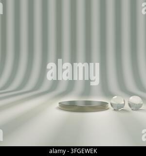 Runde matte Bühne neben Glasbällen in einem hellen minimalistischen Raum für Luxuswerbung Stockfoto