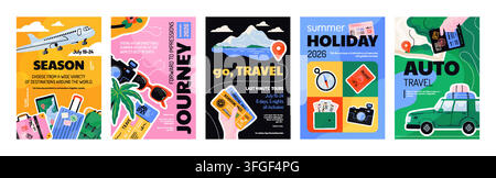 Reiseposter. Nette Reise-Stempel, Urlaubs-Pass und Bordkarte für Abenteuer. Geometrisches Meer-Etikett. Flugblätter mit Flugzeug, Gepäck, Karten und Tickets, Autourlaub. Vektor-Cartoon-Illustration Stock Vektor