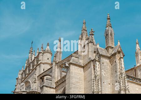 Auf dem Dach der Kathedrale von Sevilla erheben sich kunstvoll geschnitzte Steindachspitzen und -pinakel, die mit Aufsätzen gekrönt sind, vor einem strahlend blauen Himmel und zeigen aufwendige Details Stockfoto