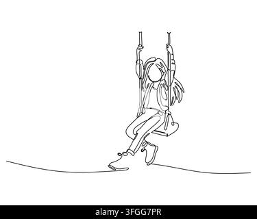Mädchen schwingt fröhlich auf einer Spielplatzschaukel, dargestellt in einem einzigartigen kontinuierlichen Linienstil. Diese Illustration fängt die einfache Freude und Freiheit des Ch Stock Vektor